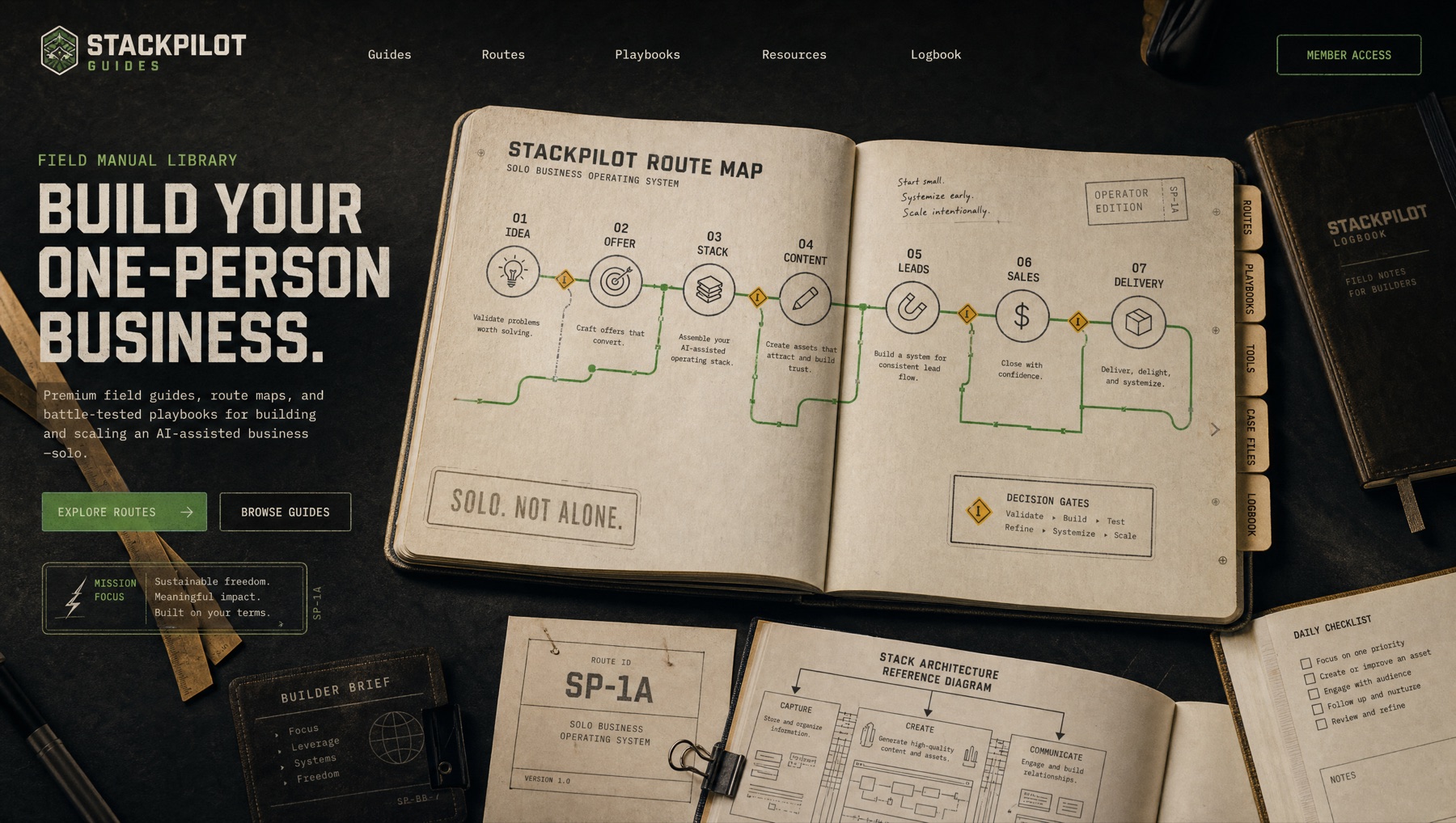 StackPilot route map field manual on a dark desk