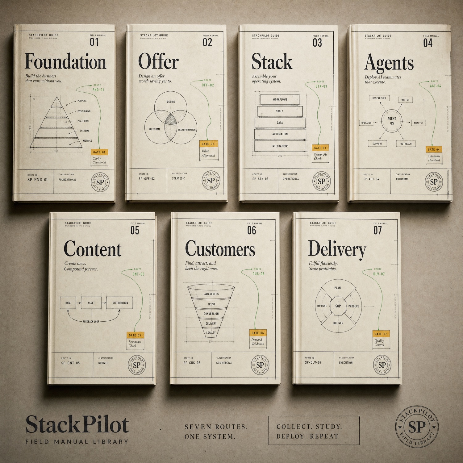 Seven StackPilot guide covers arranged as a field manual library