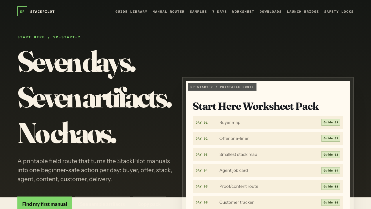 Screenshot of Start Here 7-day worksheet pack page.