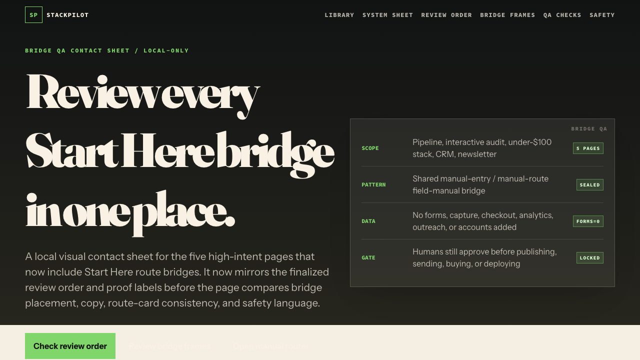 Screenshot of Start Here bridge QA contact sheet.