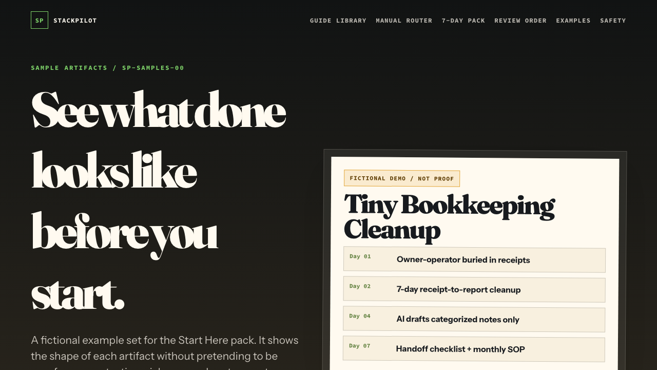 Screenshot of Start Here fictional sample artifacts page.